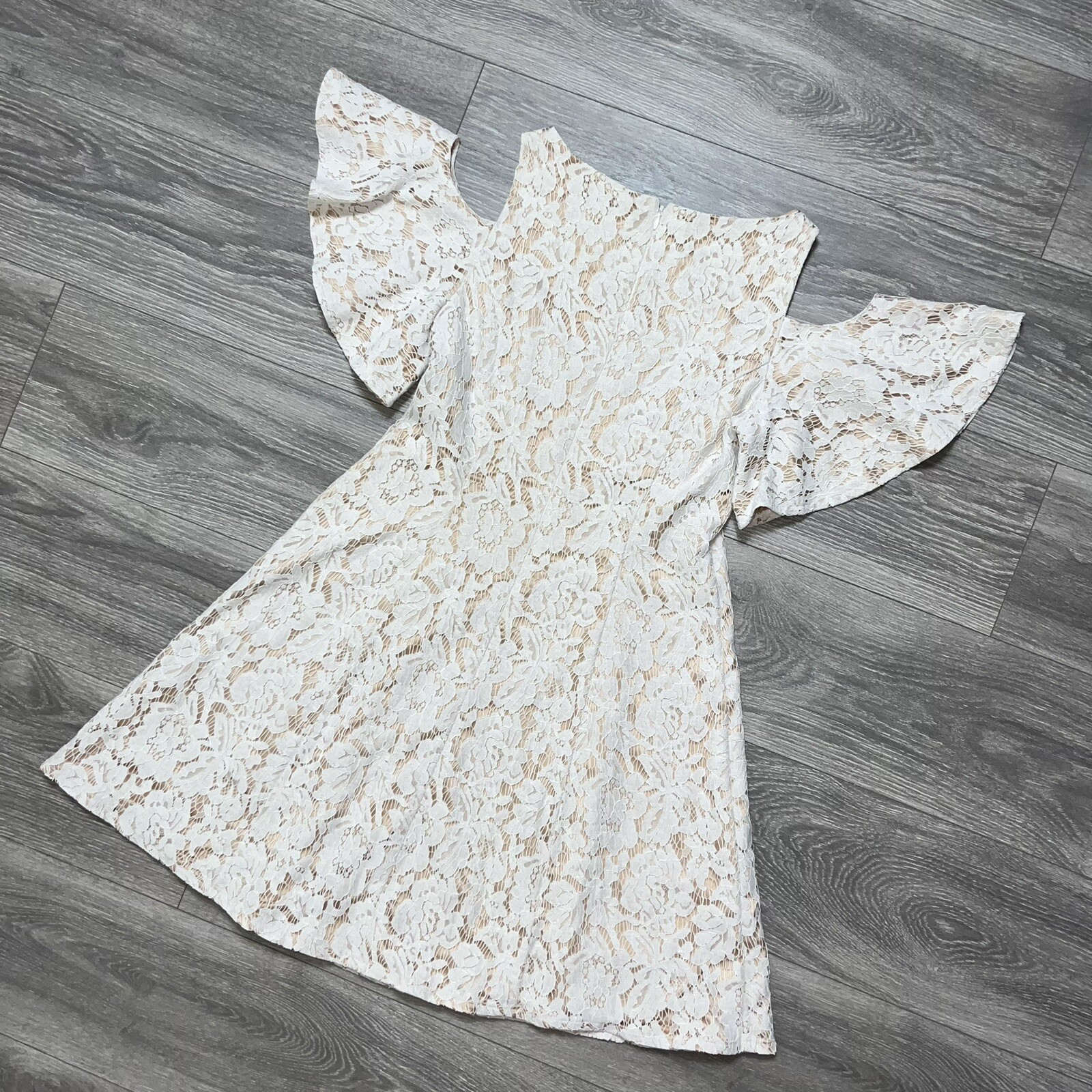 Eliza J Cream Cold Shoulder Flutter Sleeve Fit Flare Lace Nude Beige Dress 8 M