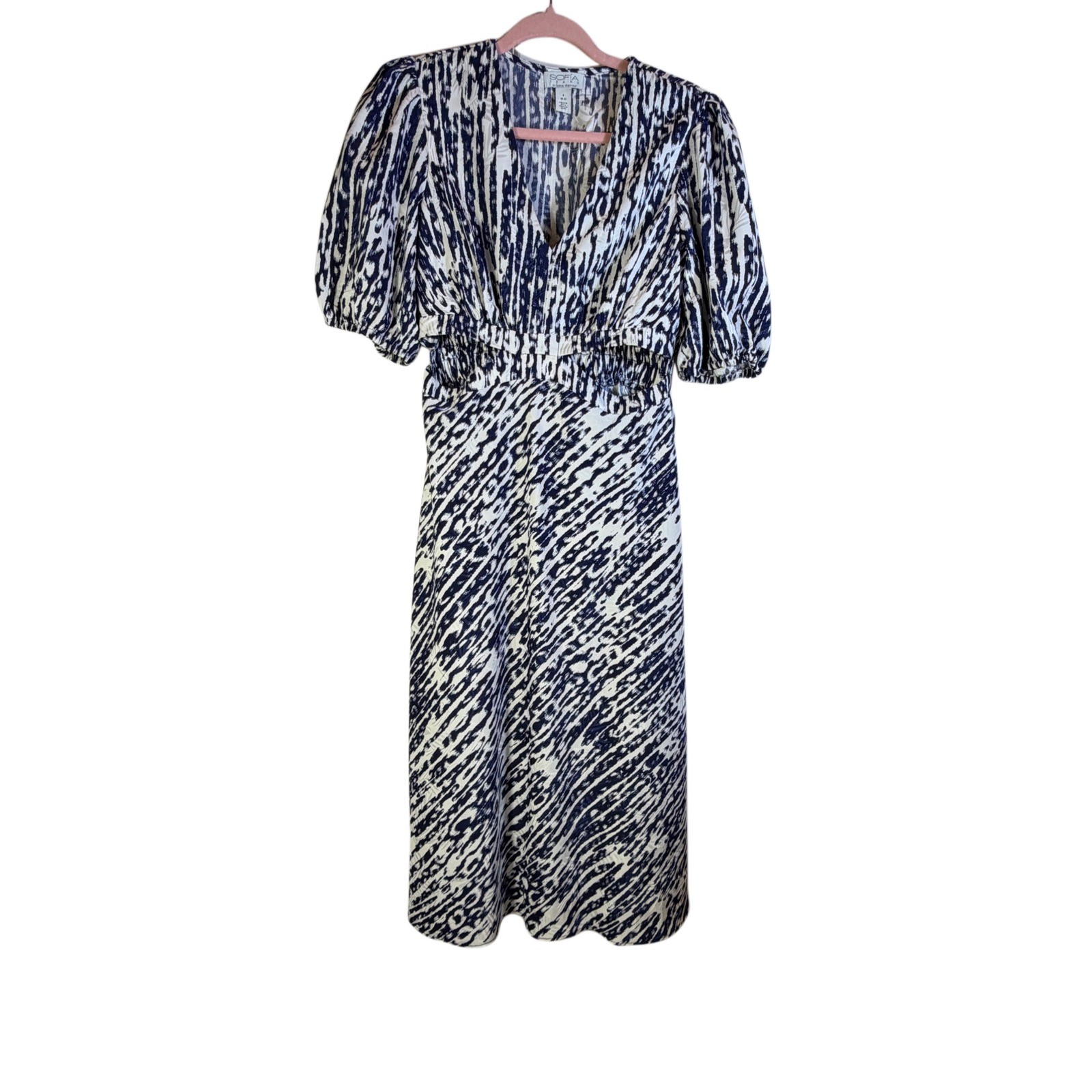 Sofia Vergara Satin Jacquard Cutout Puff Sleeves Midi Dress Navy White Womens S