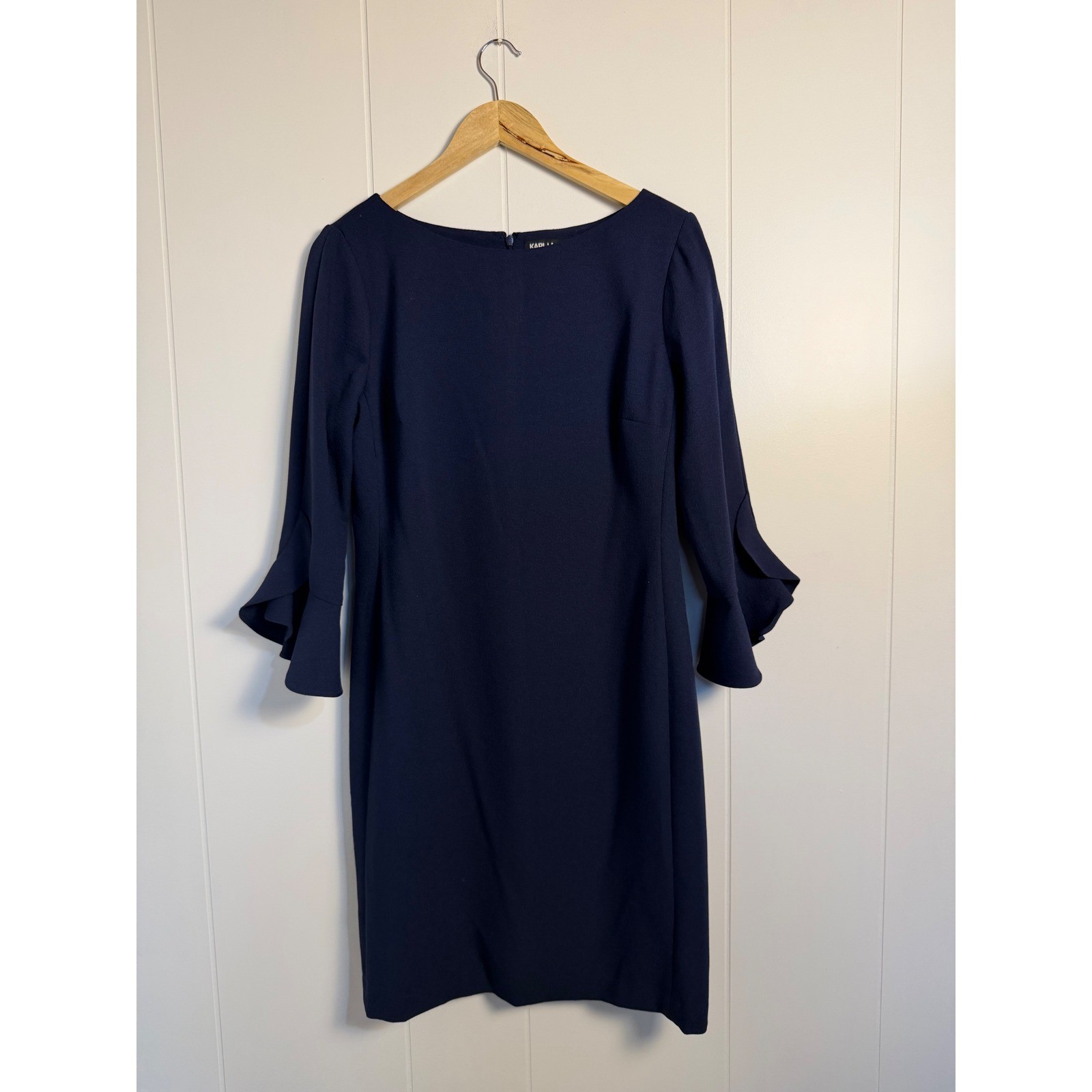 Careerwear Karl Lagerfeld Sheath Dress 10 Navy Blue Ruffle Sleeve Boat Neck