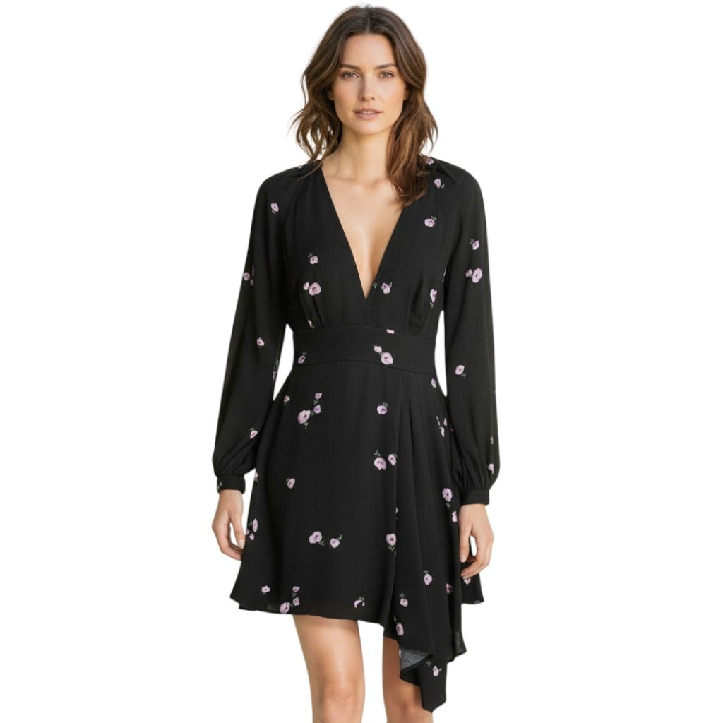 NWT Equipment Revolve $378 V-Neck Black Floral Alexandria Dress, Size 6