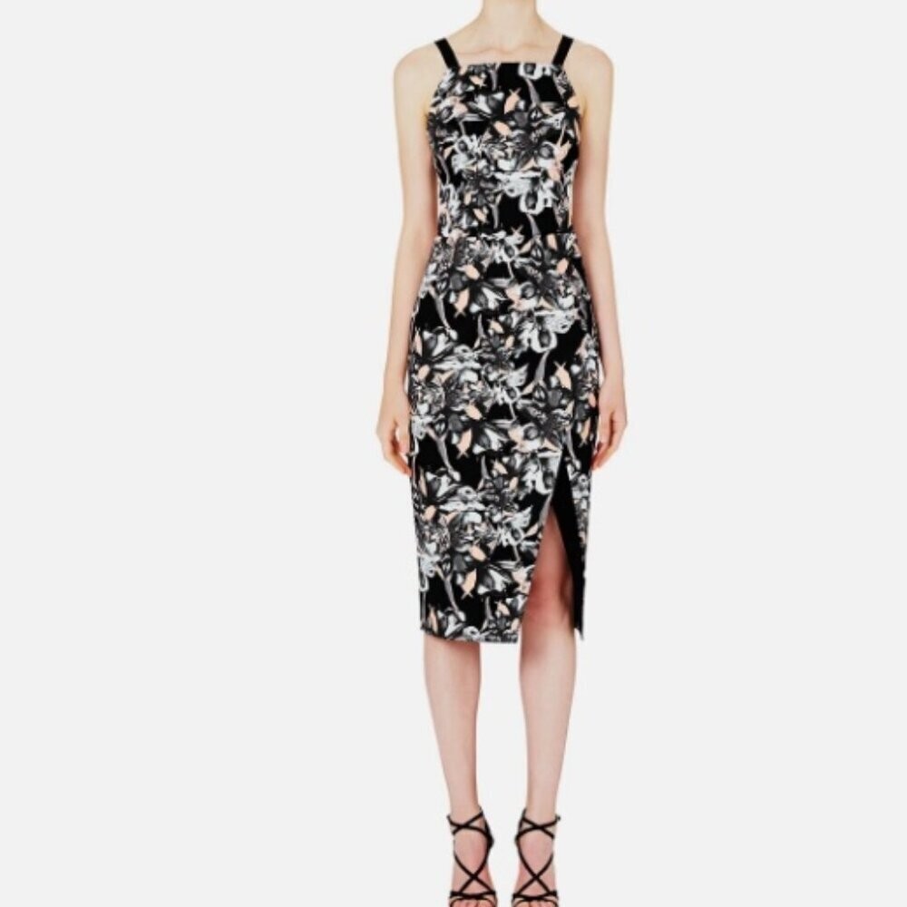 Rebecca Vallance Black Floral Print Sheath Dress Party High Neck Size 6 Women’s