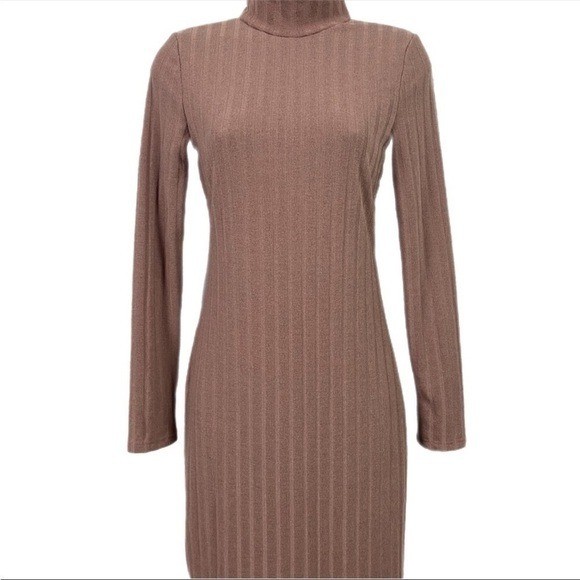 Floret Studios Mocha Ribbed Mock Neck Midi Dress ADR101062 Long Sleeve Side Slit