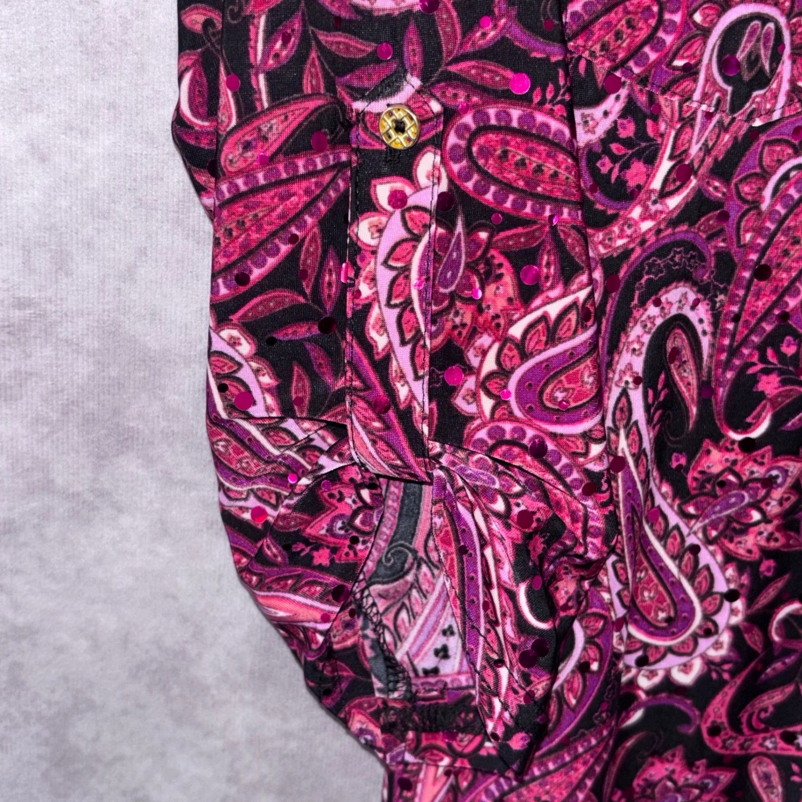 NWT Emily Daniels Petite Small Pink Paisley Sequin Button Front Shirt Dress