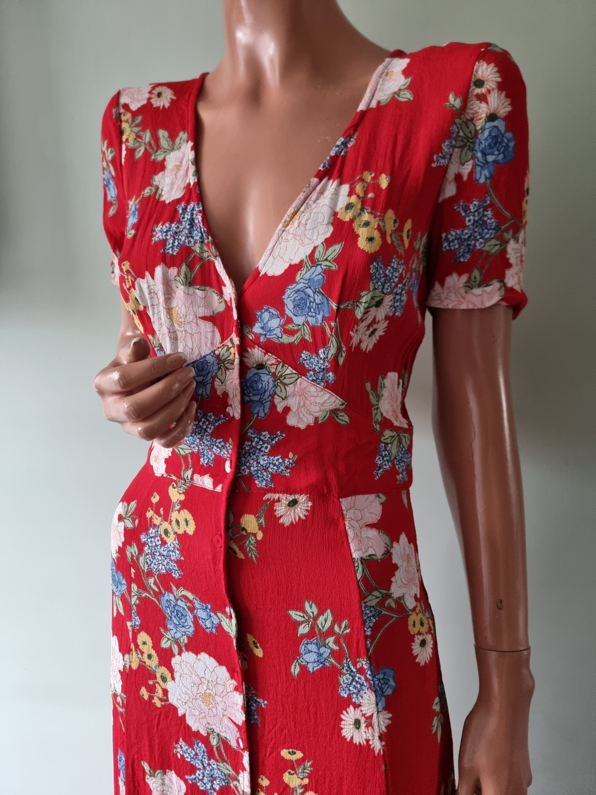 Vintage Miss Selfridge Red Floral Button Front Maxi Dress UK:6