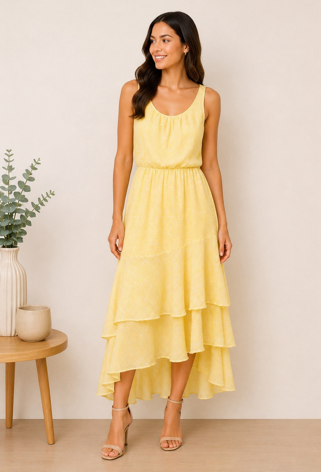 a.n.d New Day Yellow Tiered High Low Midi Dress Size L Sleeveless Lined
