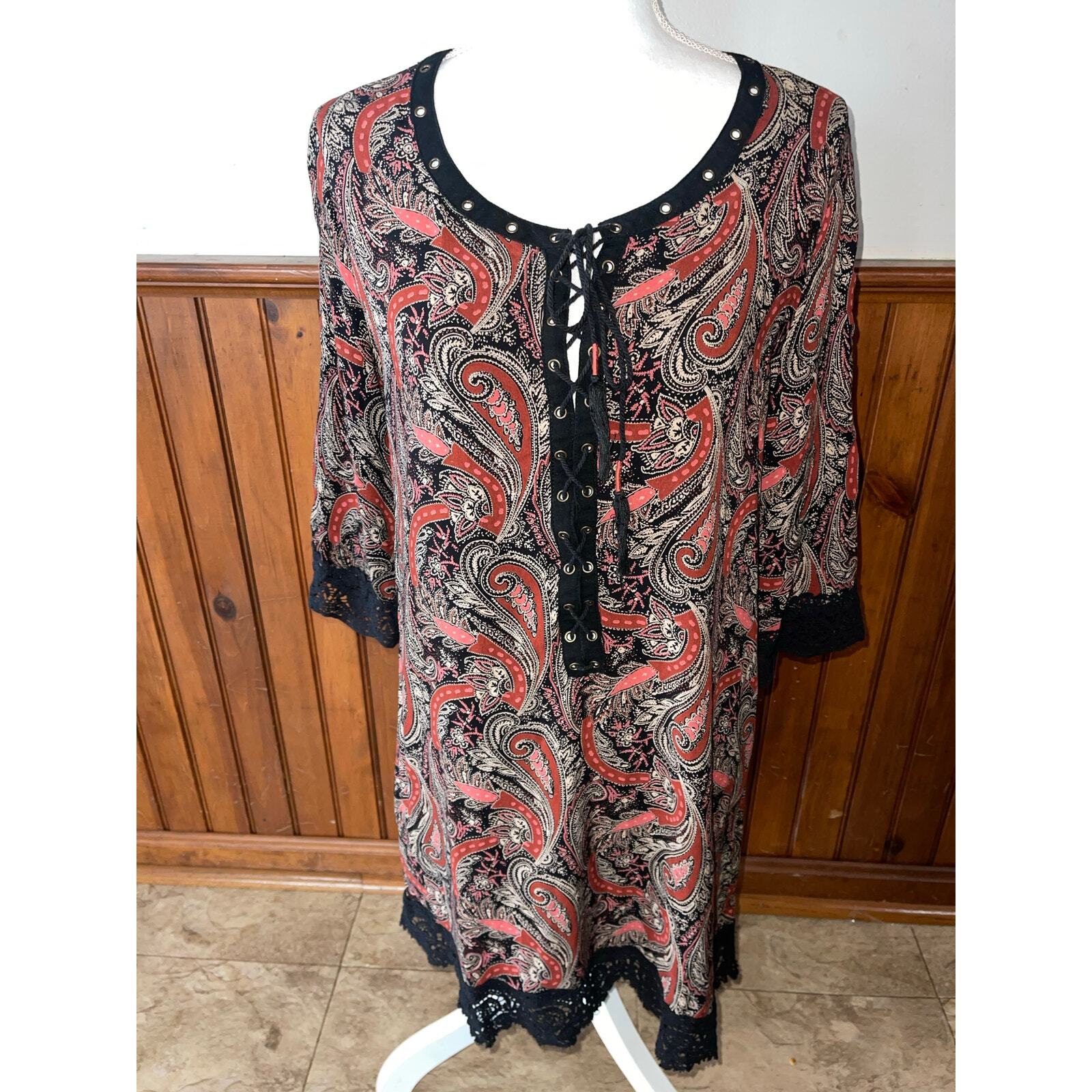 Womens Miss Me Red Black Paisley Cotton Lace Tassel Casual Dress Size Large