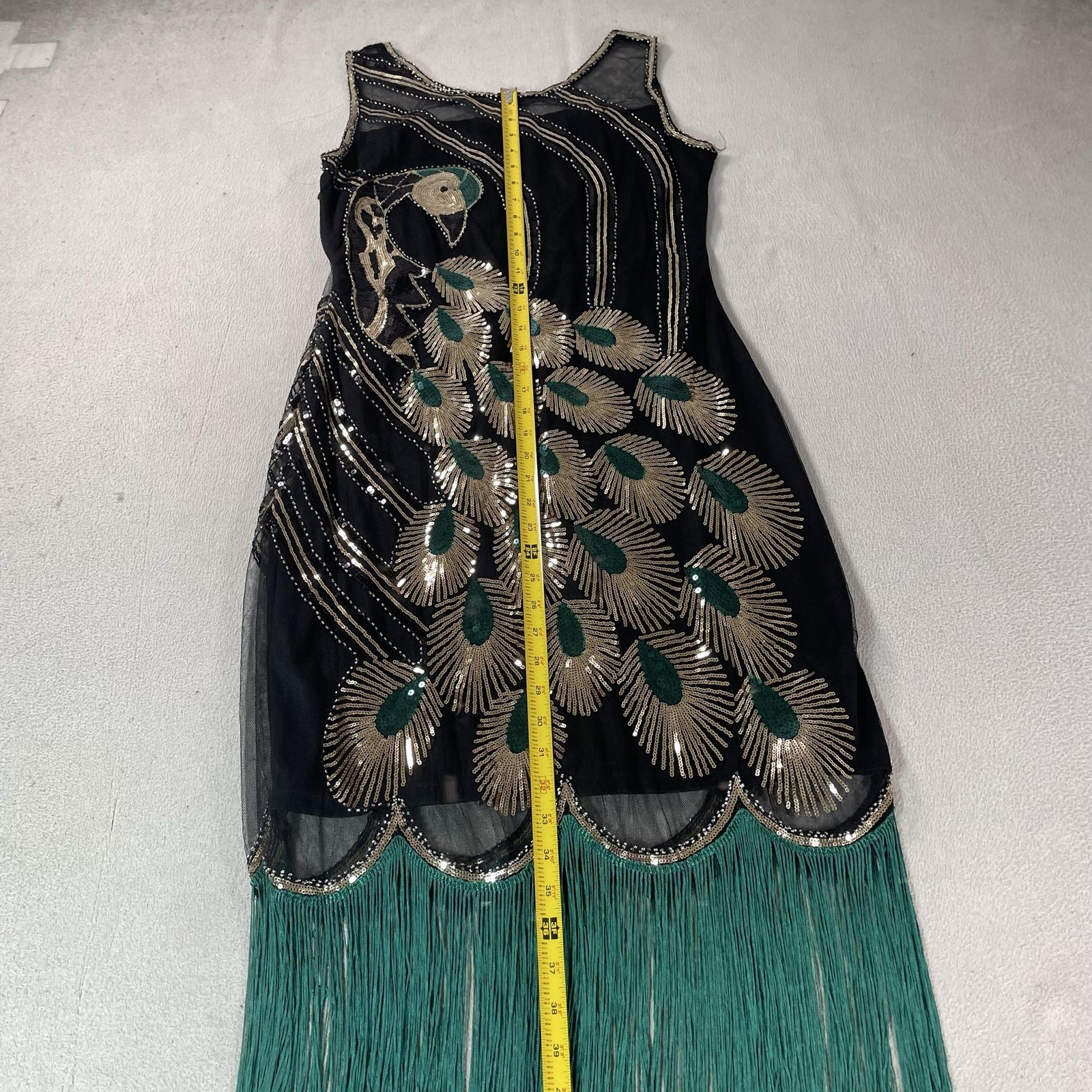Flapper Dress Womens 1X Black Sequin Beaded Peacock Fringe 20s Gatsby BABEYOND