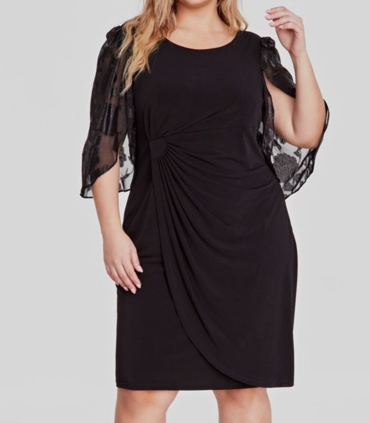 Connected Women Black Cape-Sleeve Side-Ruched Dress Plus Size 24W