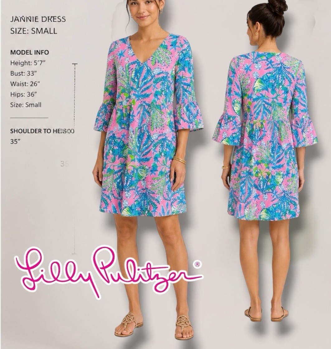 Lilly Pulitzer Jannie Dress V-Neck Three Quarter Sleeve Mini Size Small