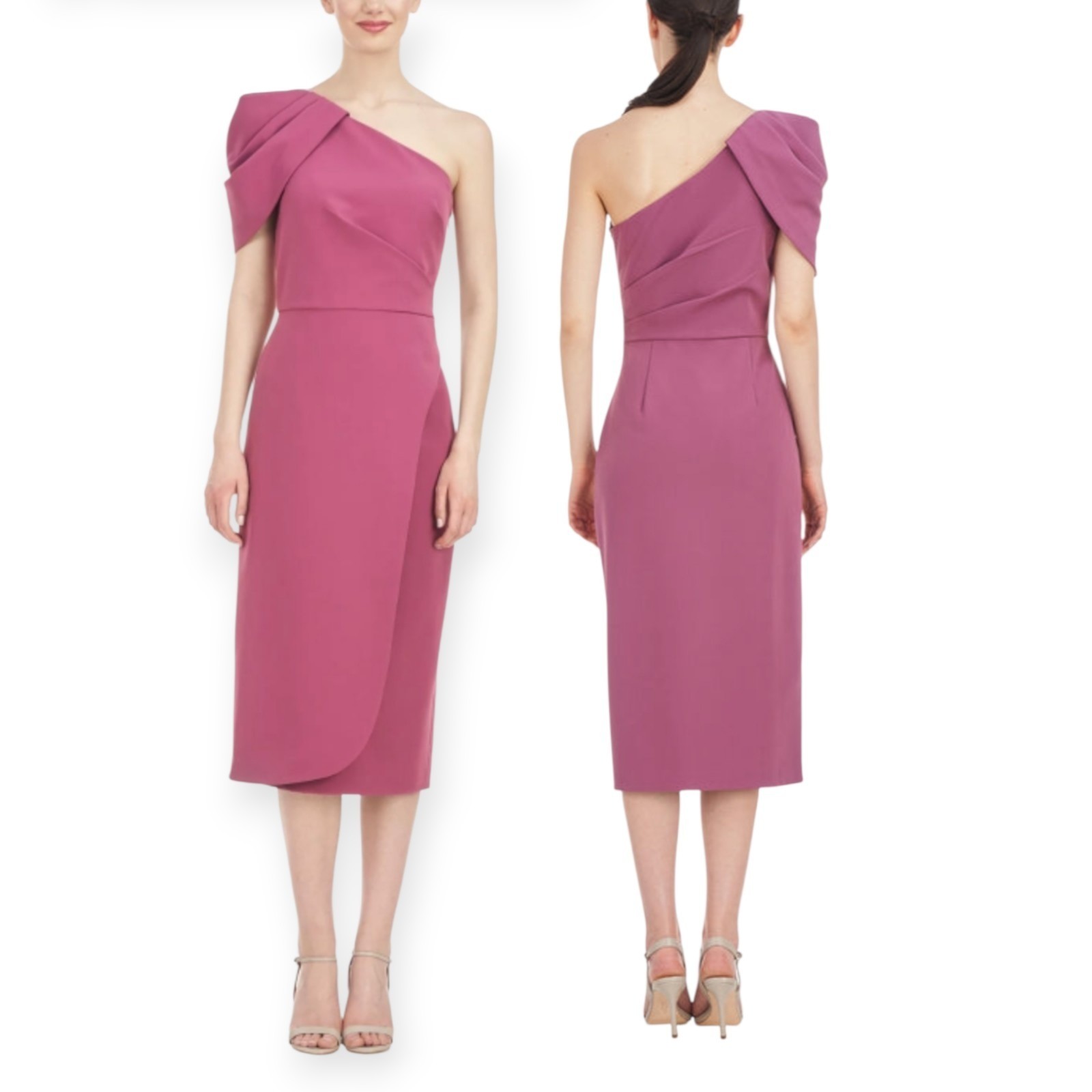 Kay Unger Evening Dress 16 NWT Stretch Crepe One Shoulder Draped Sleeve Pink