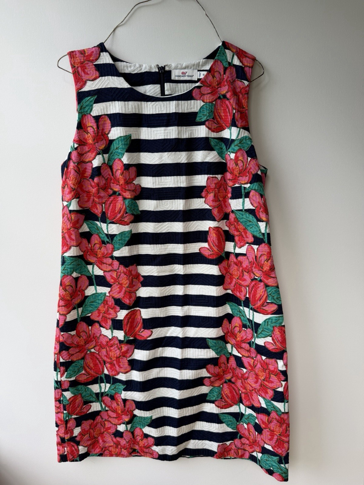 Vineyard Vines Floral Stripe Shift Dress Womens 10 Pink Blue Sleeveless Cotton