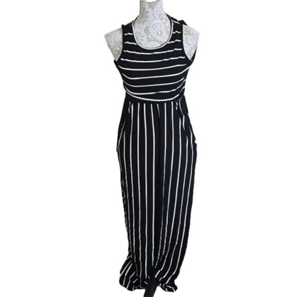 Hount Dress Sleeveless Maxi Black/White Striped pockets Women’s Small