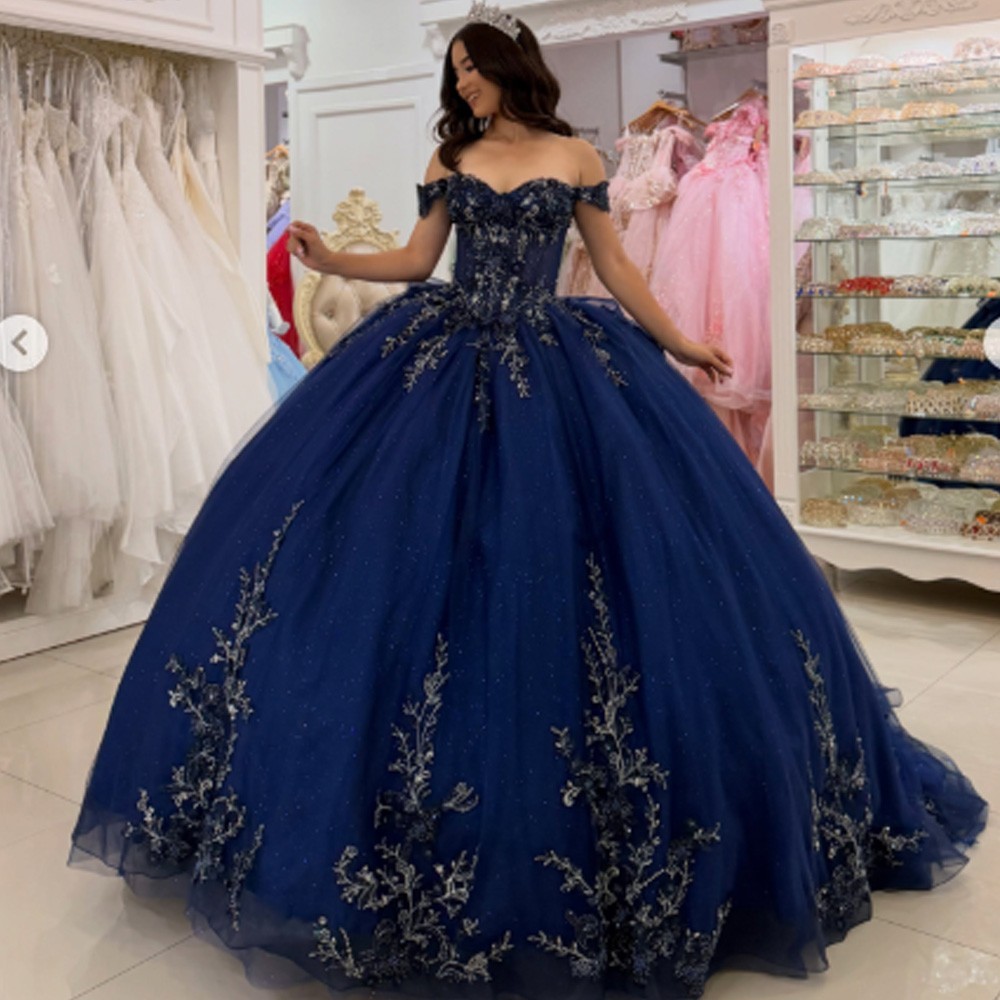 Navy Blue Quinceanera Dresses Off the Shoulder Sweet 15 16 Party Prom Ball Gowns