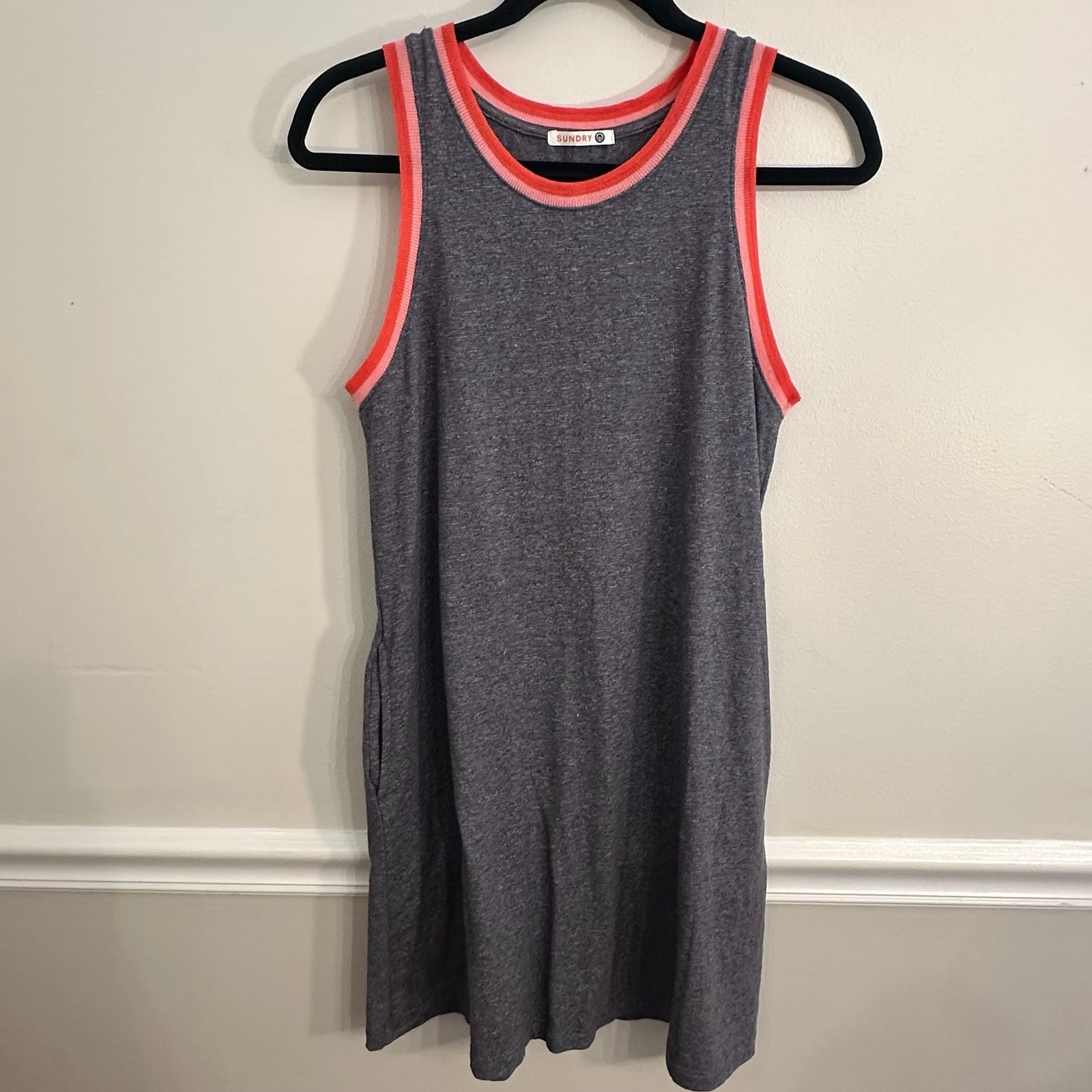 Sundry Women’s Gray Sleeveless Tank Dress with Red and Pink Trim