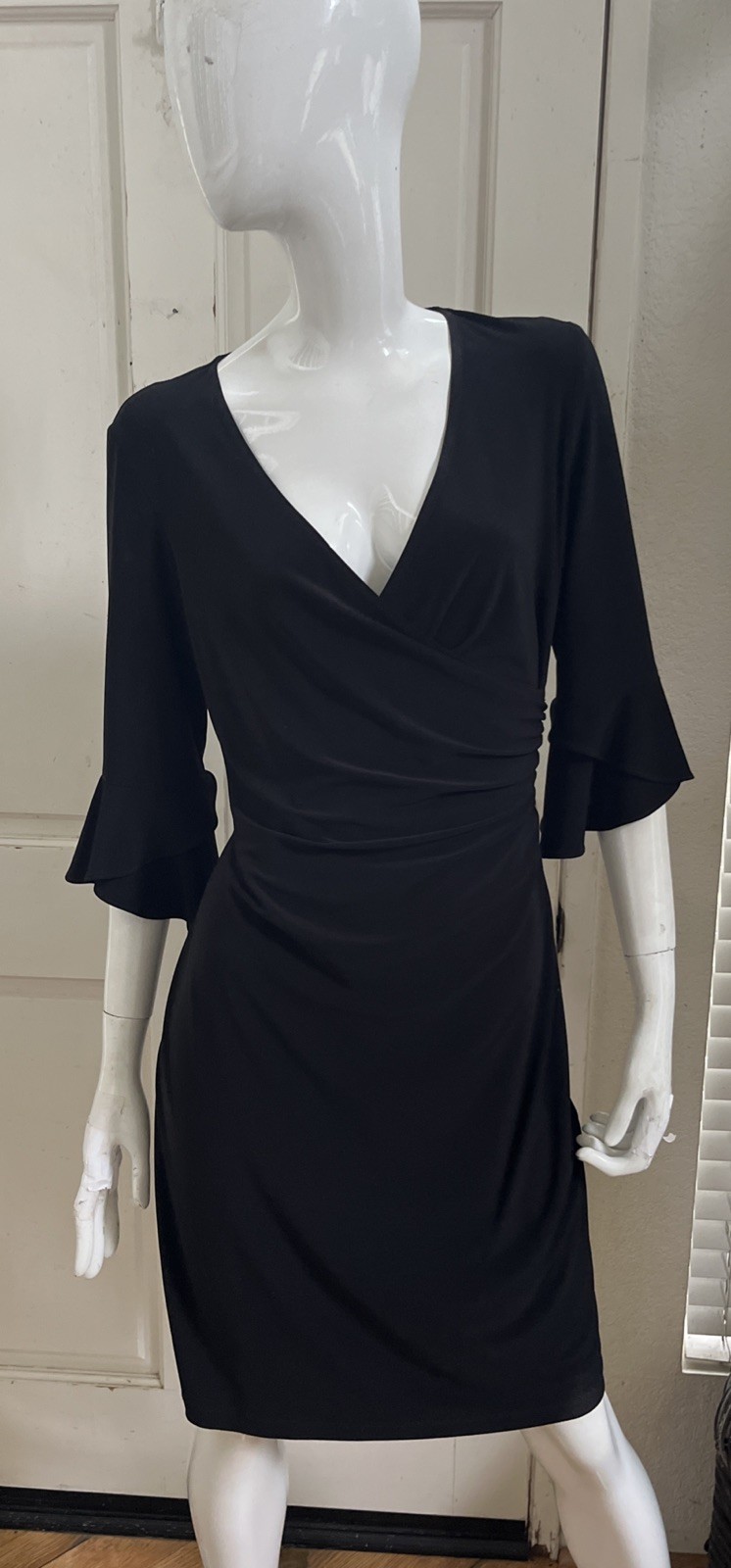 JOSEPH RIBKOFF Black Jersey Knit Faux Wrap Knee Length Dress w/ Bell Sleeves 10