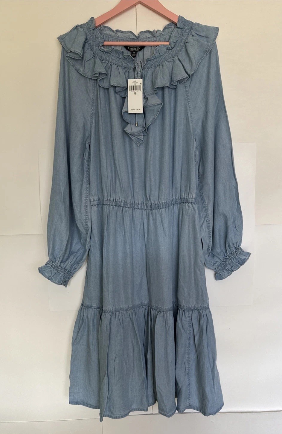 Lauren Ralph Lauren Chambray Dress Ruffle Neckline Tiered Skirt Size10 NWT