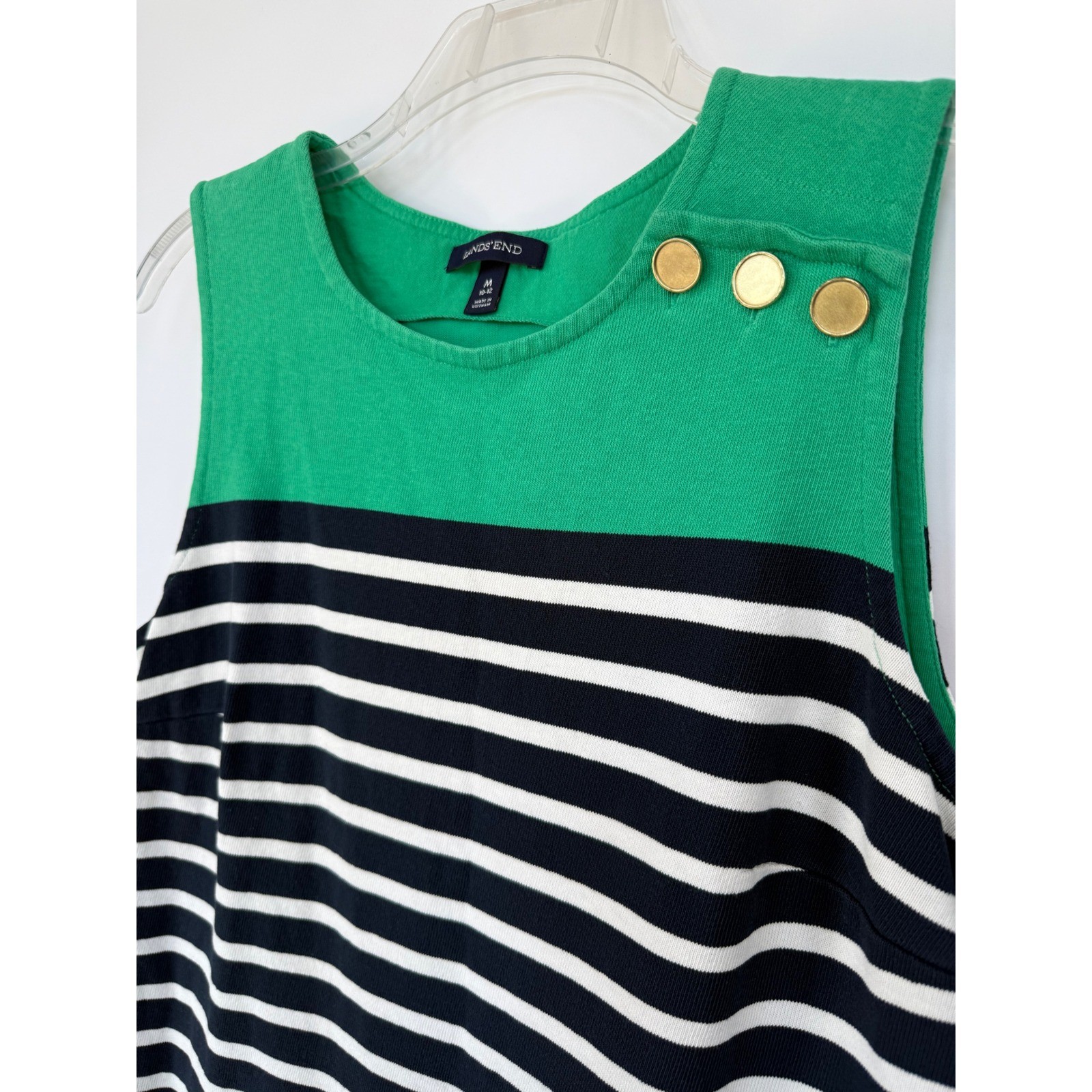 Lands End Womens Green Navy Stripe Cotton Sleeveless Shift Dress Preppy Nautical