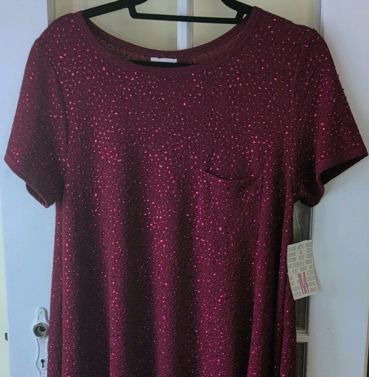 LuLaRoe Elegant Carly Burgundy Glitter T-Shirt Dress M Short Sleeve Round Neck