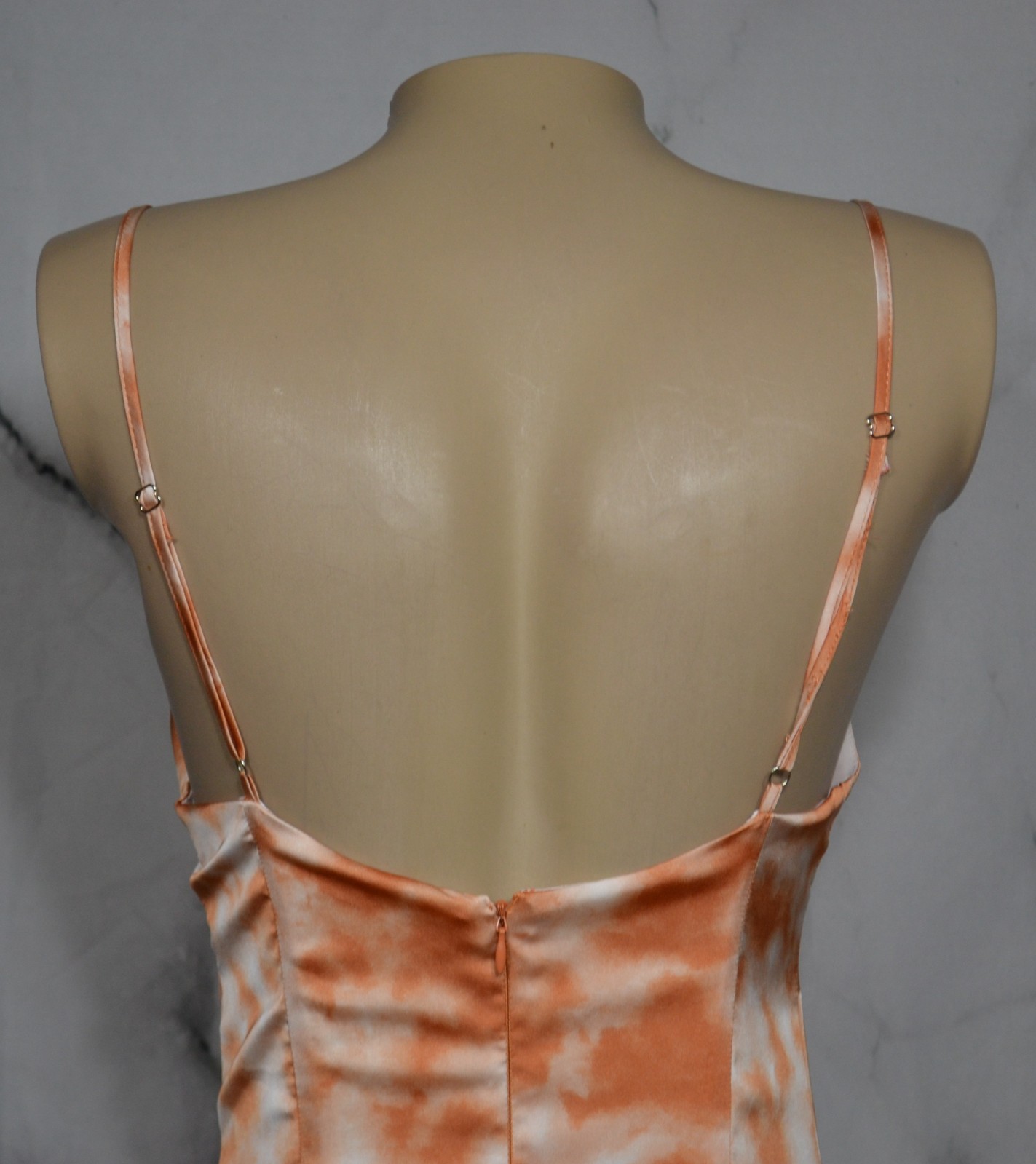 FOREVER 21 Beige Rust Marbled Slip Dress Small Spaghetti Strap Lined Ruched Seam
