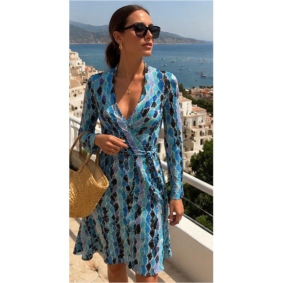 ISSA London 100% Silk Wrap Dress Blue Geometric Long Sleeve Women’s US 2