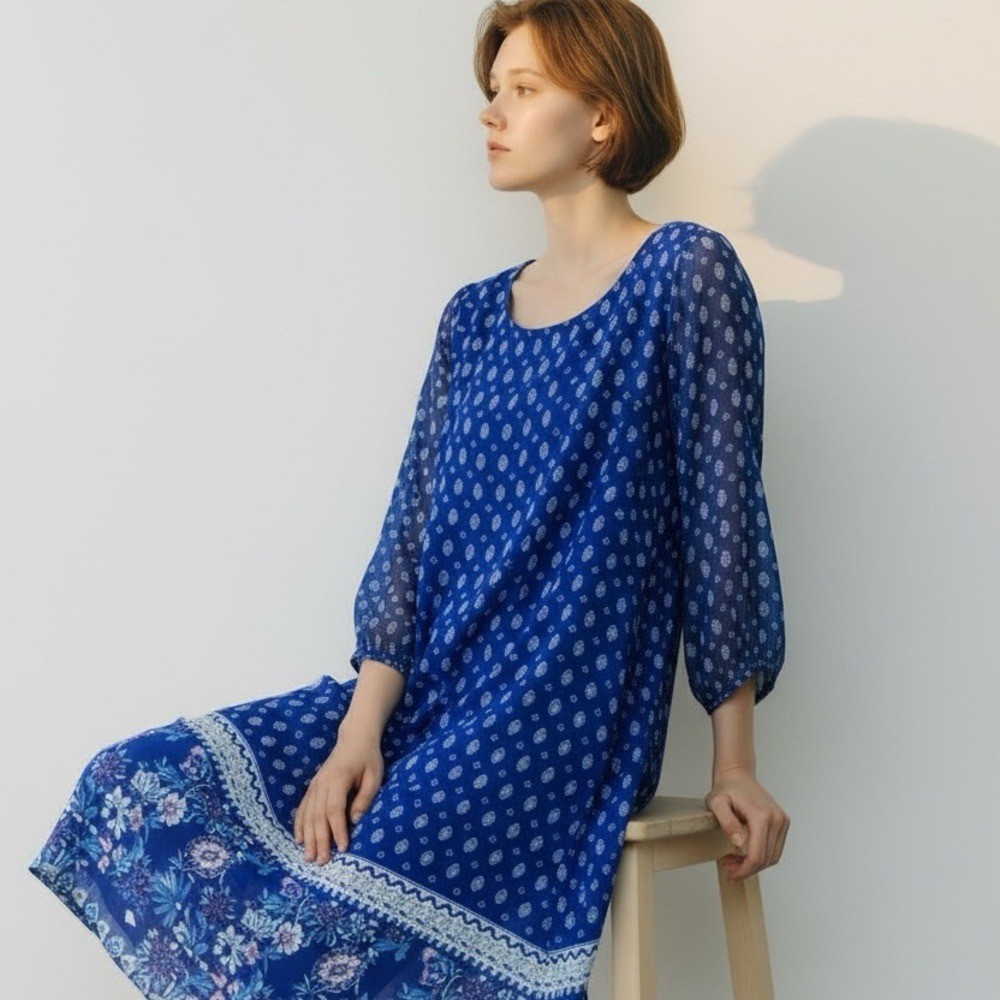As U Wish Womens Blue Printed Shift Dress Size L Floral Hemline Long Sleeve