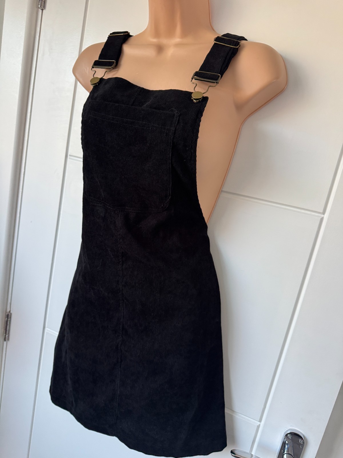 SHEIN Black Corduroy Pinafore Dungaree Mini Dress Pocket Detail S UK 8-10 B92
