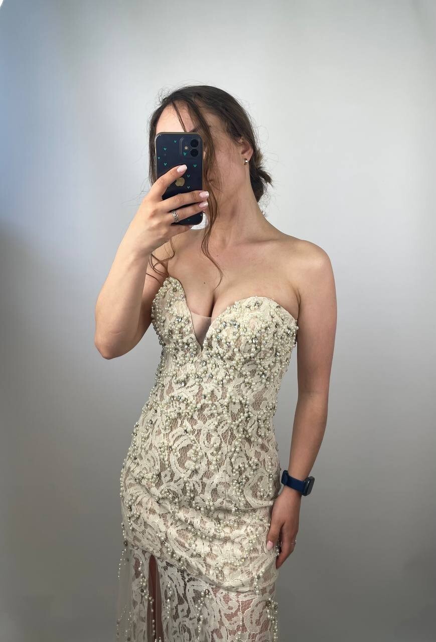 Jovani Strapless Lace Gown Beaded Pearl Nude Ivory Dress Sz 4 Small Prom Formal
