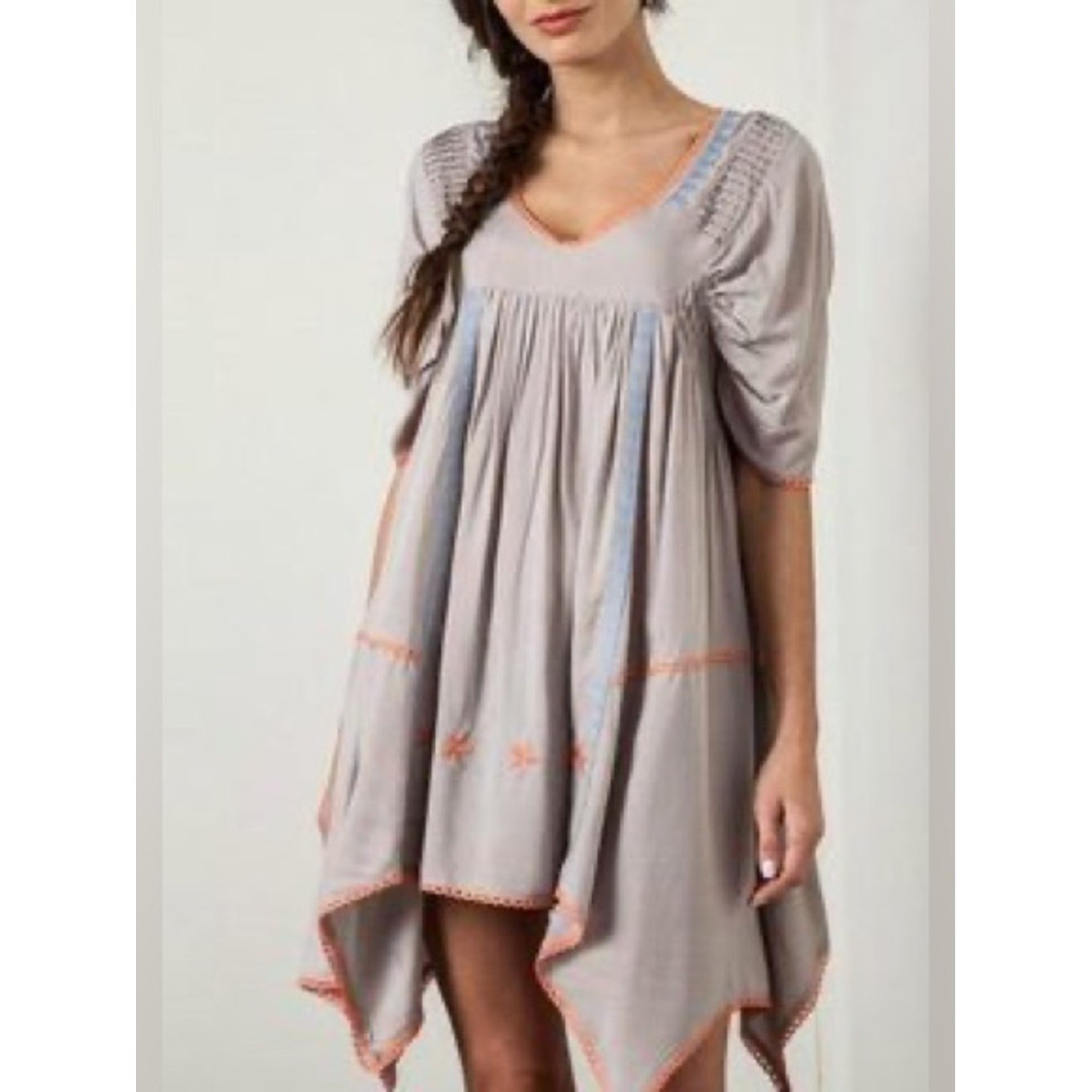 Umgee Babydoll Mini Bohemian Grey Asymmetrical Hem Dress Size Small