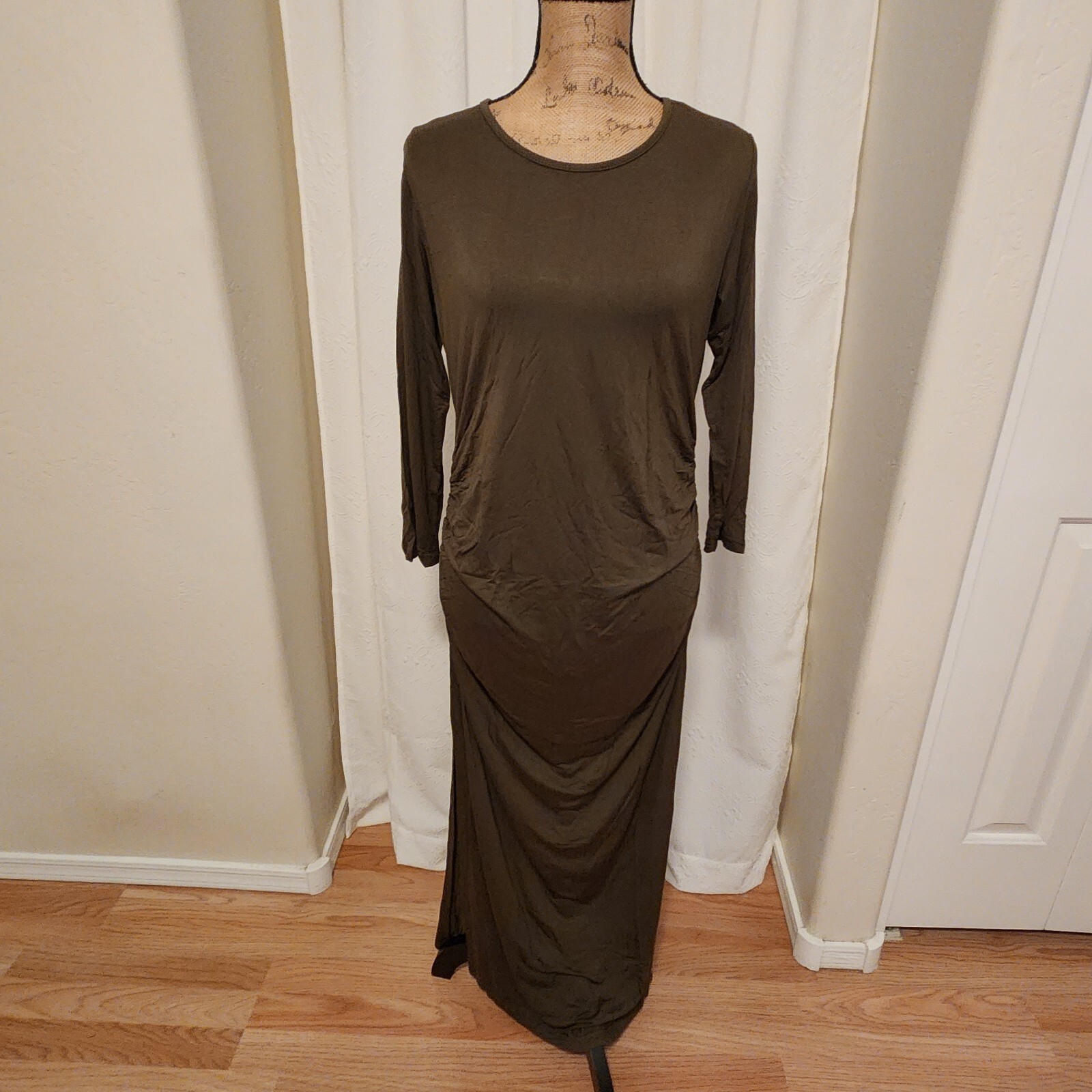 Adorel Maternity Women’s L Army Green Knit 3/4 Sleeve Slit Maxi Dress NEW