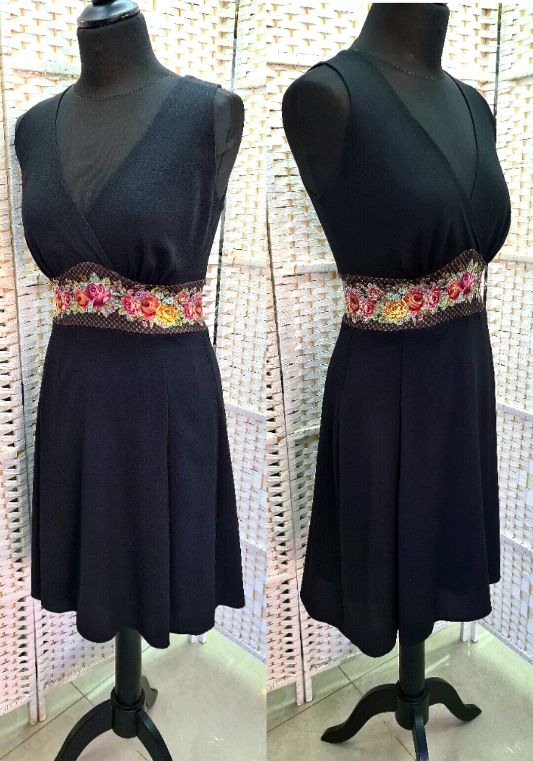 Michal Negrin Elegant Black And Flowers With Crystals Dress Size -40- NWT