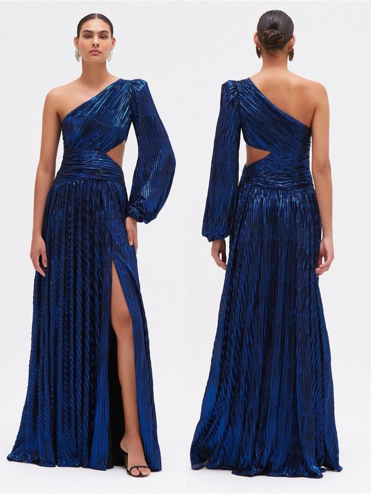 NWT PatBO Metallic Plisse One Shoulder Maxi Gown Dark Blue Navy SIZE US 4 $1,100