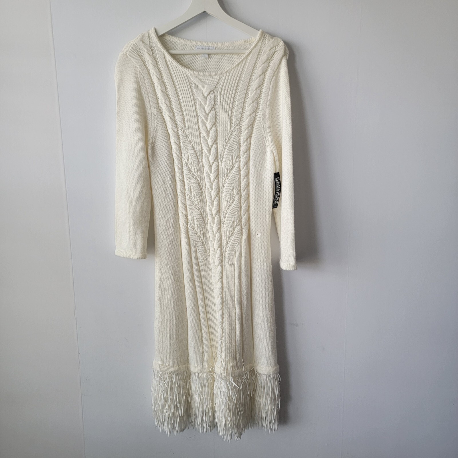 New York & Company womens Fringe Hem Ivory Midi Chunky Knit Sweater Dress size L