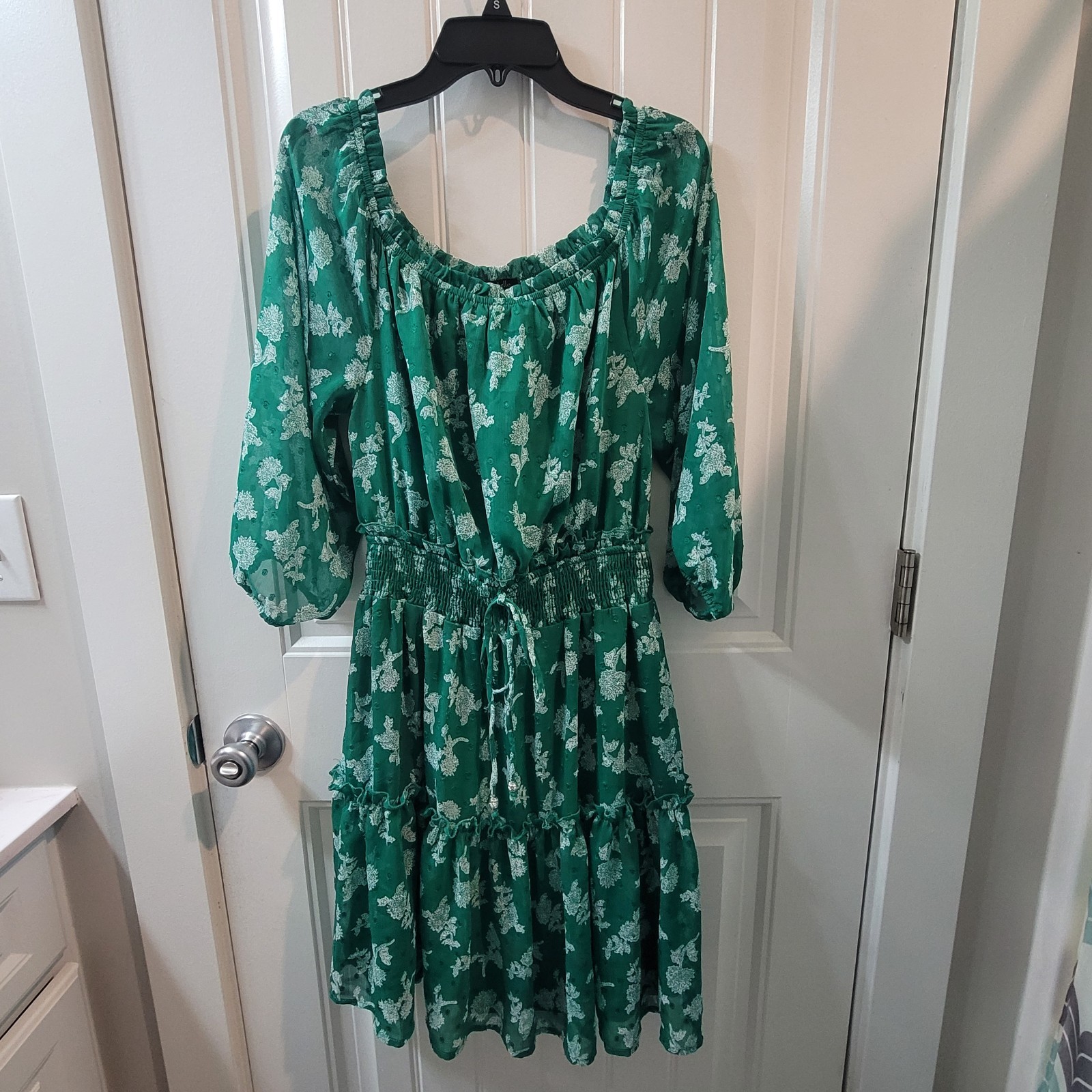 Ryan Michelle Green Midi Floral Peasant Dress, Tiered, Boho, Cottagecore Small