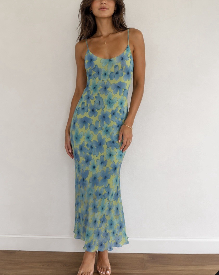 My Michelle Dress Floral Green Blue Spaghetti Strap 90s Y2K Style 11/12 Vintage