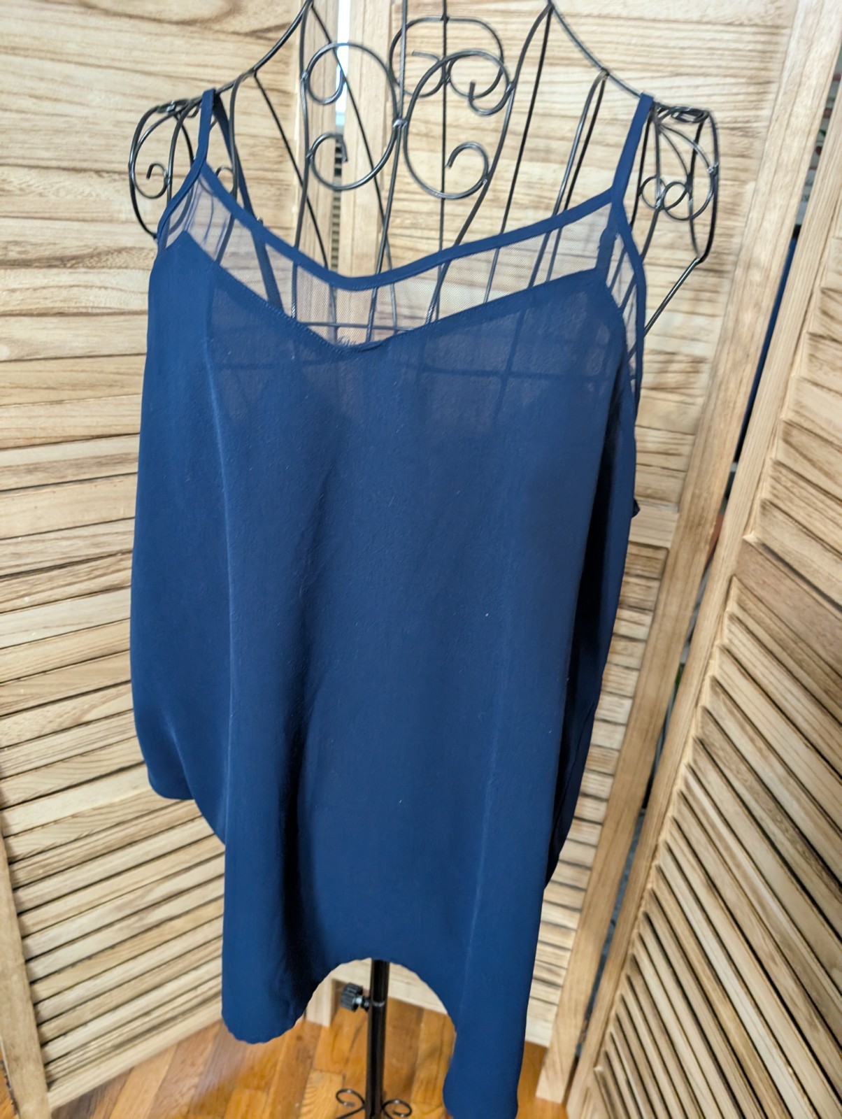 Sz XL Slip Dress Dark Blue Spaghetti Strap Semi Sheer Layer