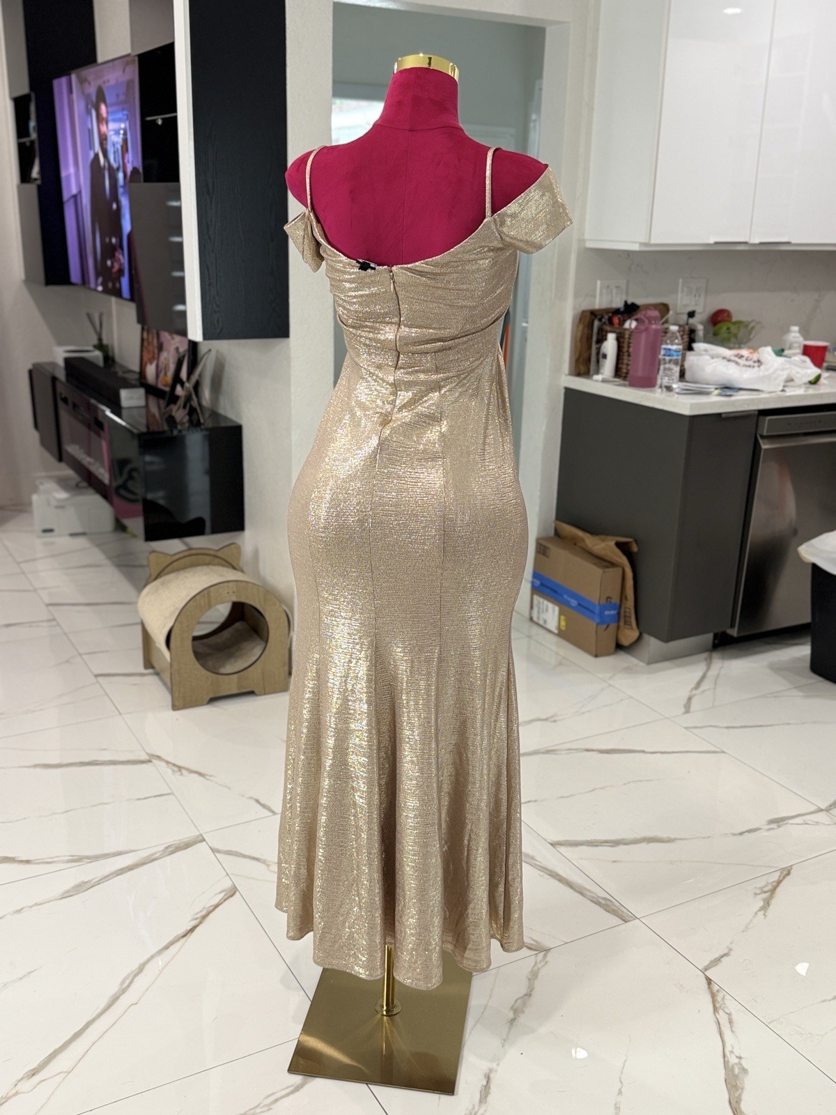 NW Nightway Gold Metallic Off Shoulder Spaghetti Strap Long Gown Slit 4