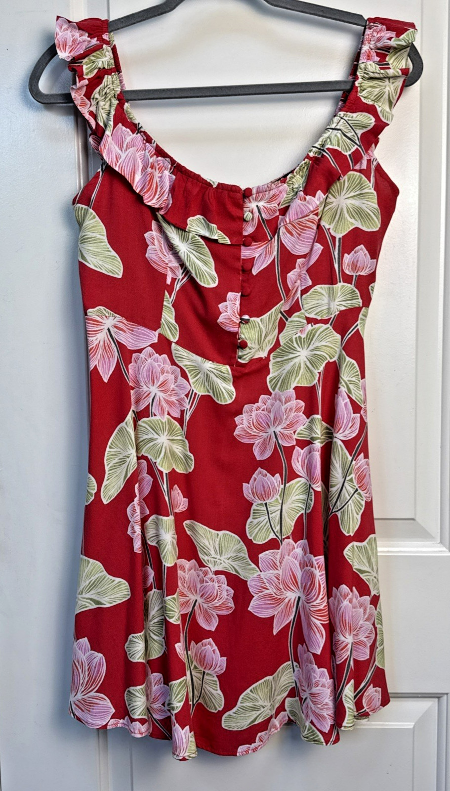 Forever 21 Women’s Red Pink Green Tropical Floral Dress Large Summer Chic Beachy