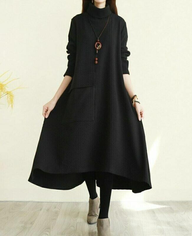 Women Winter Loose High-Neck Dress Long Sleeves Warm A-Line Sweater Dress
