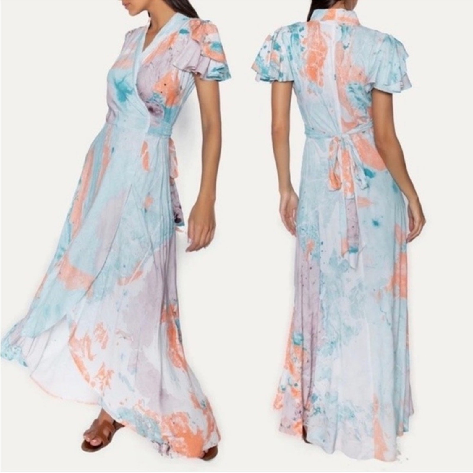 Raga Head In The Clouds Short Sleeve Wrap Maxi Dress Blue/White Multi Boho NEW!