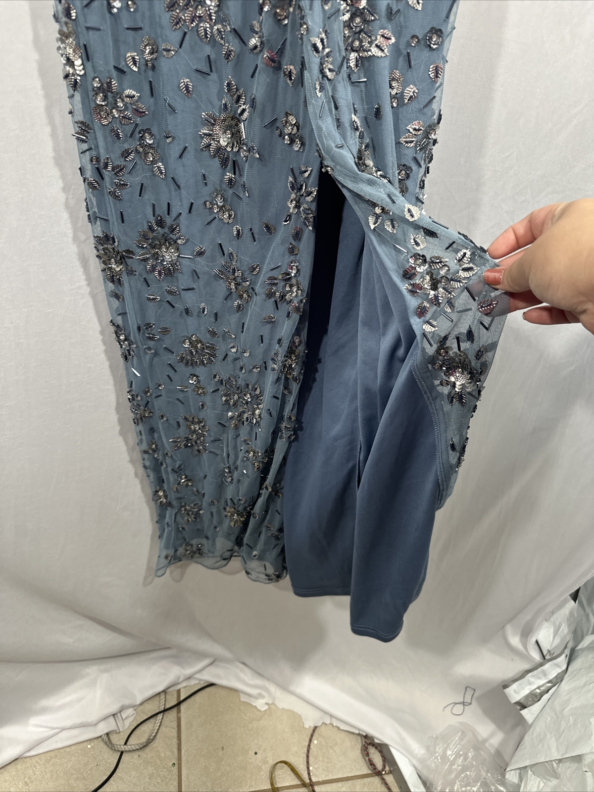 NWT Mac Duggal [ 4 ] 5477 Floral Embellished Scoop Neck Gown Slate Blue #S1248