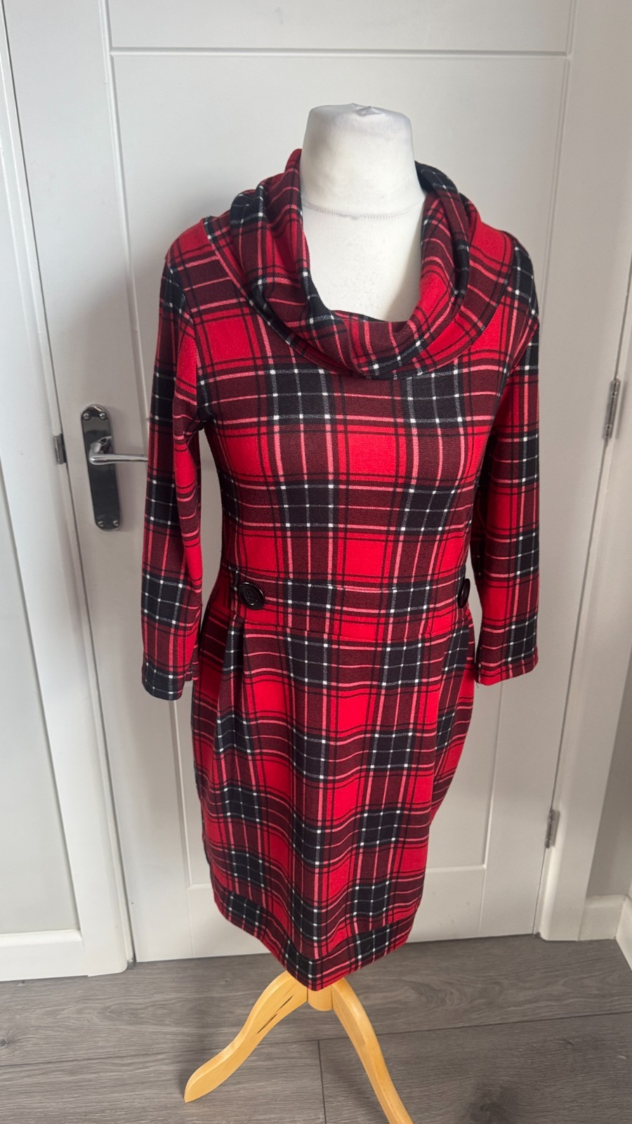 Apricot Red Black Tartan Check Cowl Neck Knit Jumper Dress M UK 12 B21