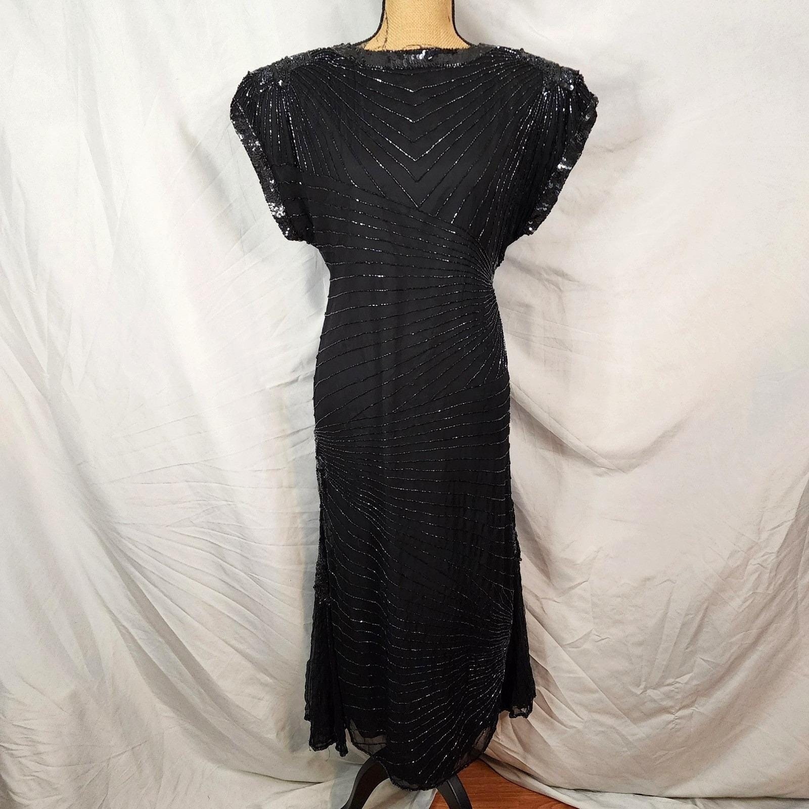 70s LAURENCE KAZAR Size XL Fabulous Silk Beaded Maxi Gown Black Formal Dress EC