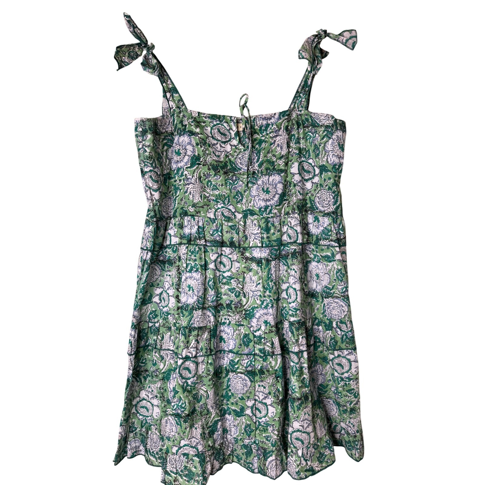 Stark X Green Floral Block Print Tiered Mini Dress Tie Shoulder Boho Summer
