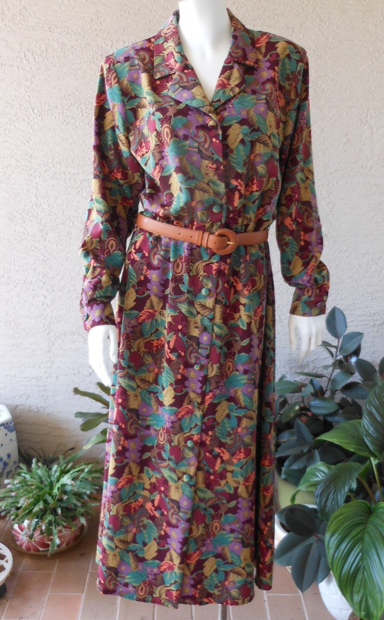 Nancy Crystal Dress Size 8 Fall Leaf Print Button Front Cottage Boho
