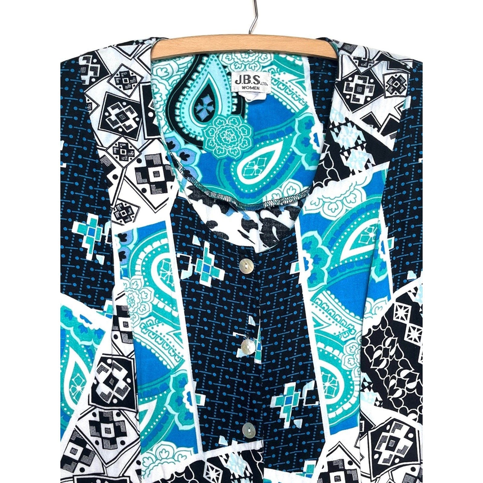 Vintage 90s Mixed Print Maxi Dress Size 1X Button Front Teal Black Paisley Soft
