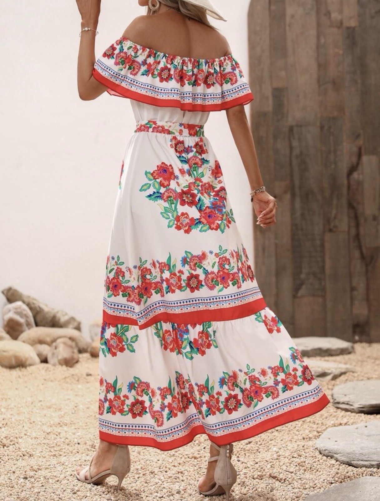 Boture Women’s White Red Blue Green Floral Off Shoulder Ruffle Midi Dress Sz M