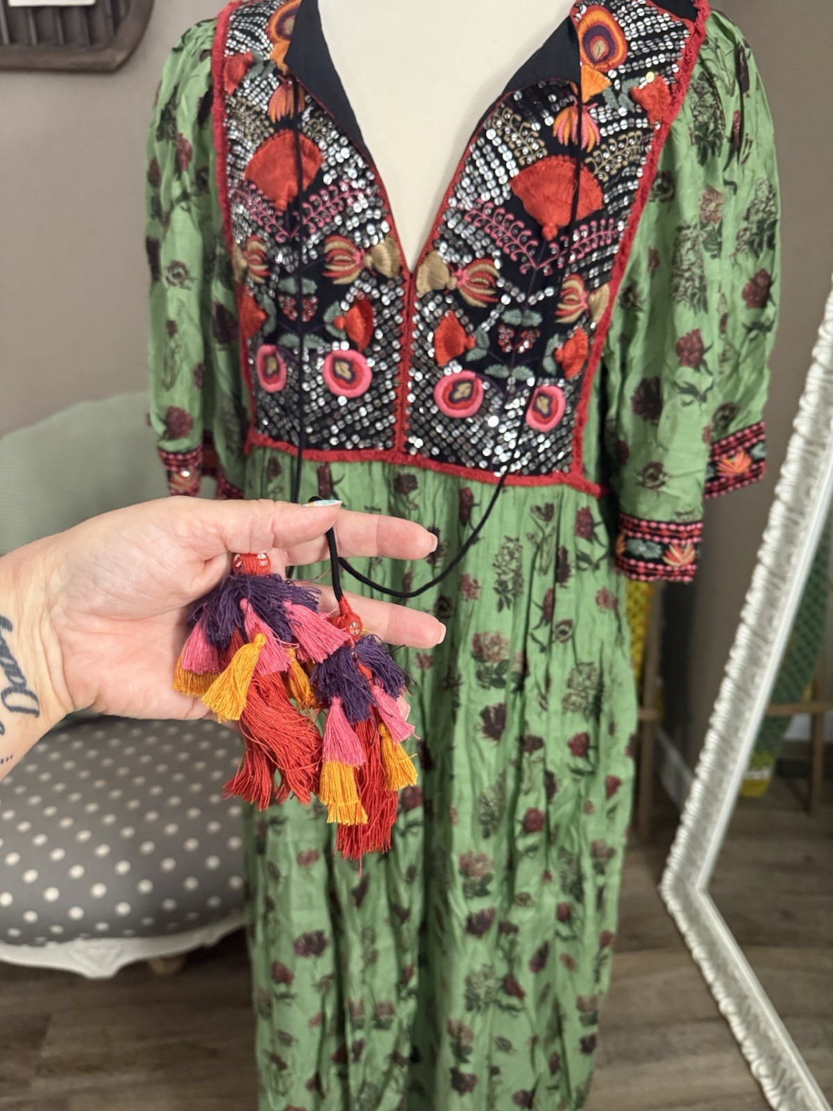 Verb By Pallavi Singhee XL Basil Embroidered Maxi Dress Green