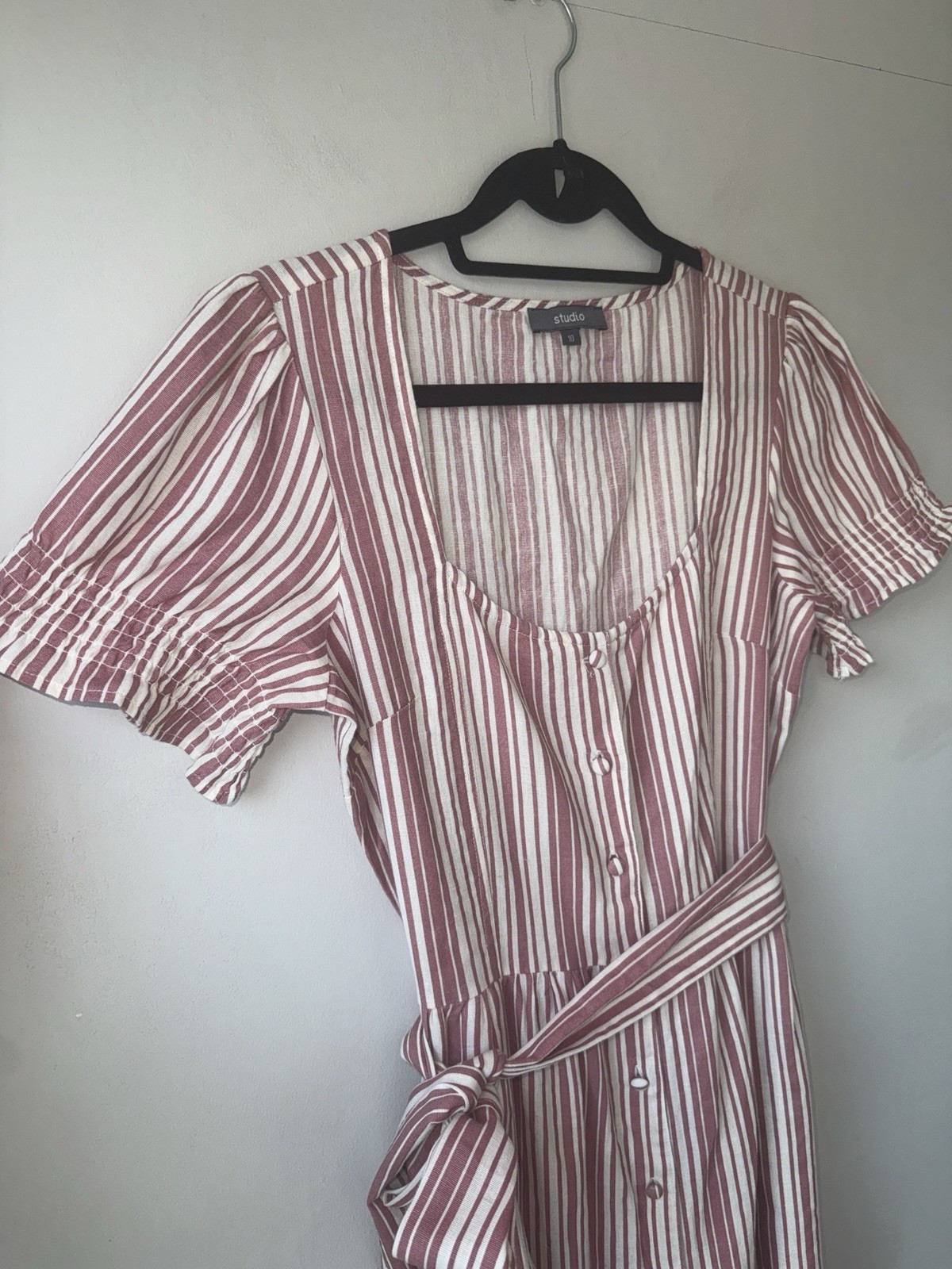 Studio Pink & White Striped Cotton Midi Dress Size UK 10 Button Front Tie Waist