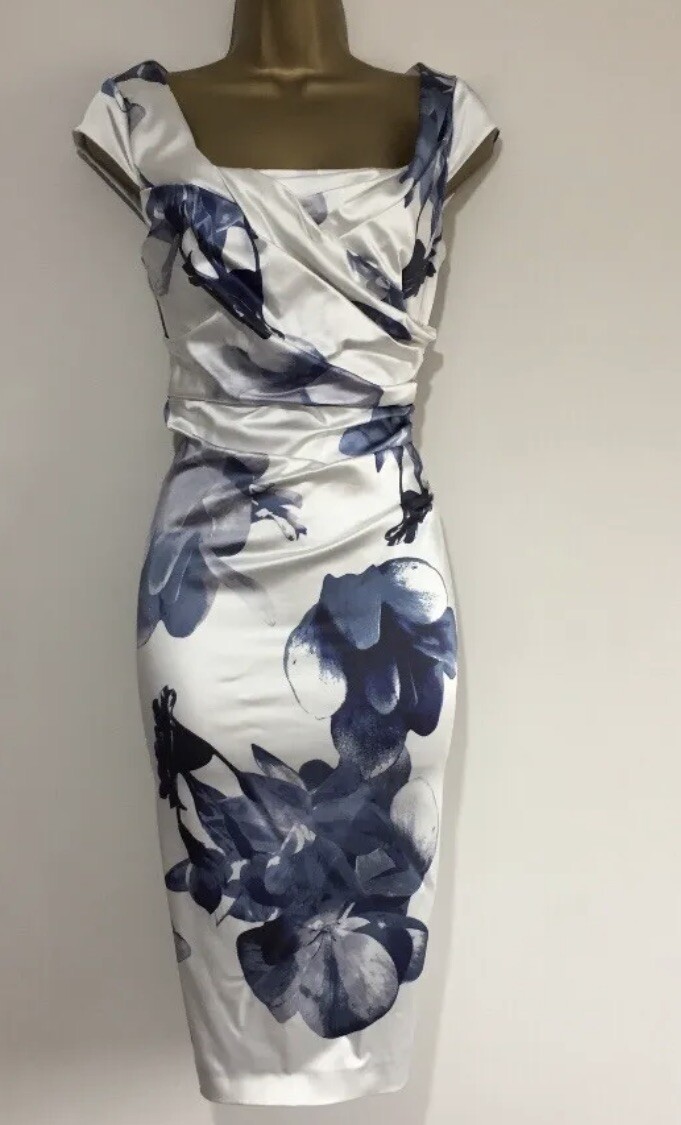 Gorgeous Coast Floral Satin Fitted Wiggle Dress Occasion Wedding Size UK 12