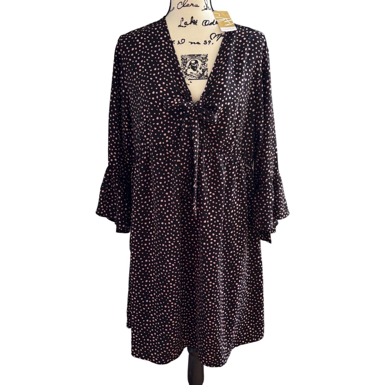 Suzanne Betro Women’s Empire Waist Dress Plus Size 1X Black w/ Pink Polka Dots